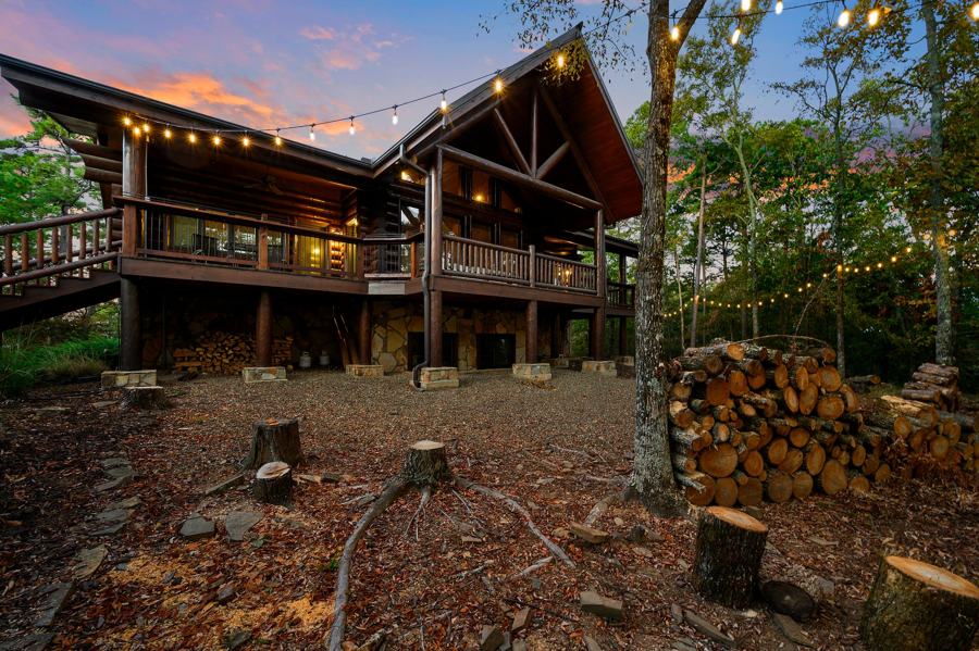 Main lodge deck under string lights